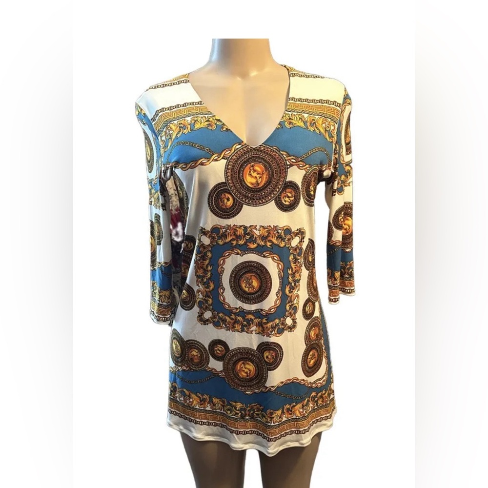 EVA VARRO Dress ~ Size M ~ Slinky Stretch 3/4 Sleeve Baroque Printed Mini Dress